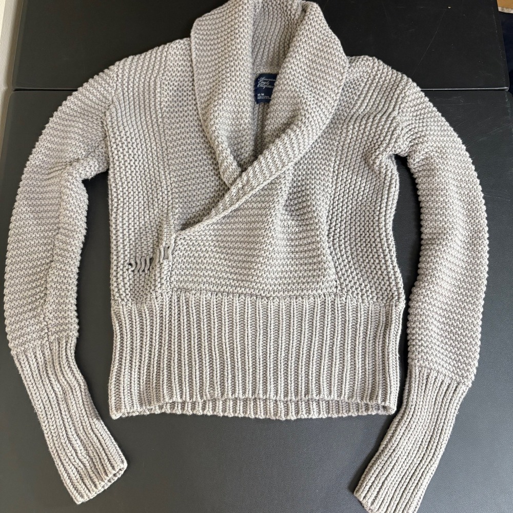 Y2K American Eagle Faux Wrap Cowl Neck Sweater Womens Size M Gray Cotton Chunky